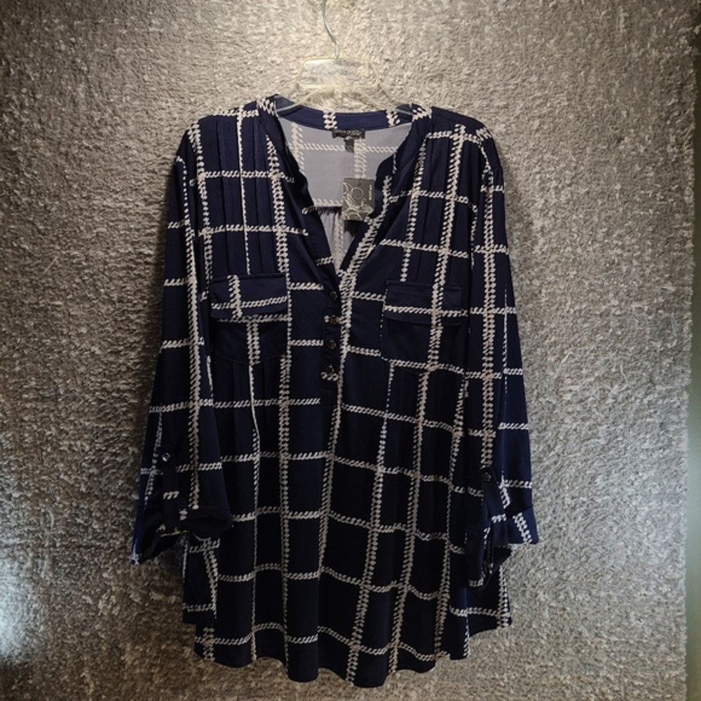 AVA & GRACE Navy & White Tunic Blouse 3/4 Sleeve Front Pockets Plus Size 3X NWT